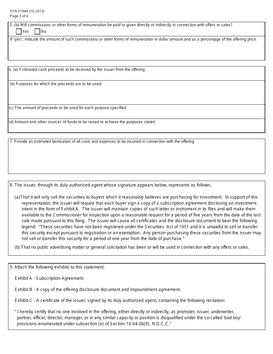 Form SFN51949 (E (S)) Issuer Exemption Application - North Dakota, Page 3