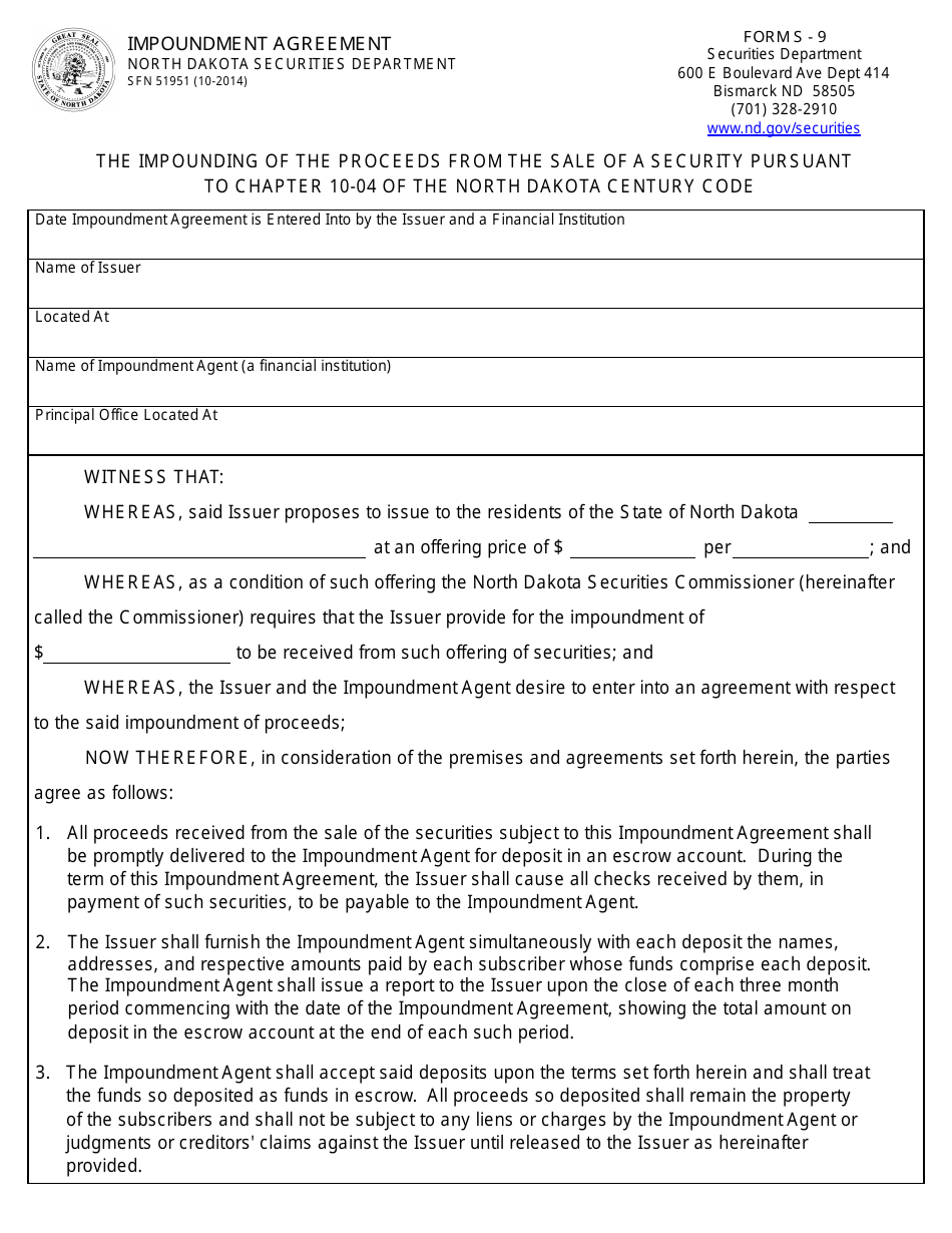 Form SFN51951 (S-9) Impoundment Agreement - North Dakota, Page 1