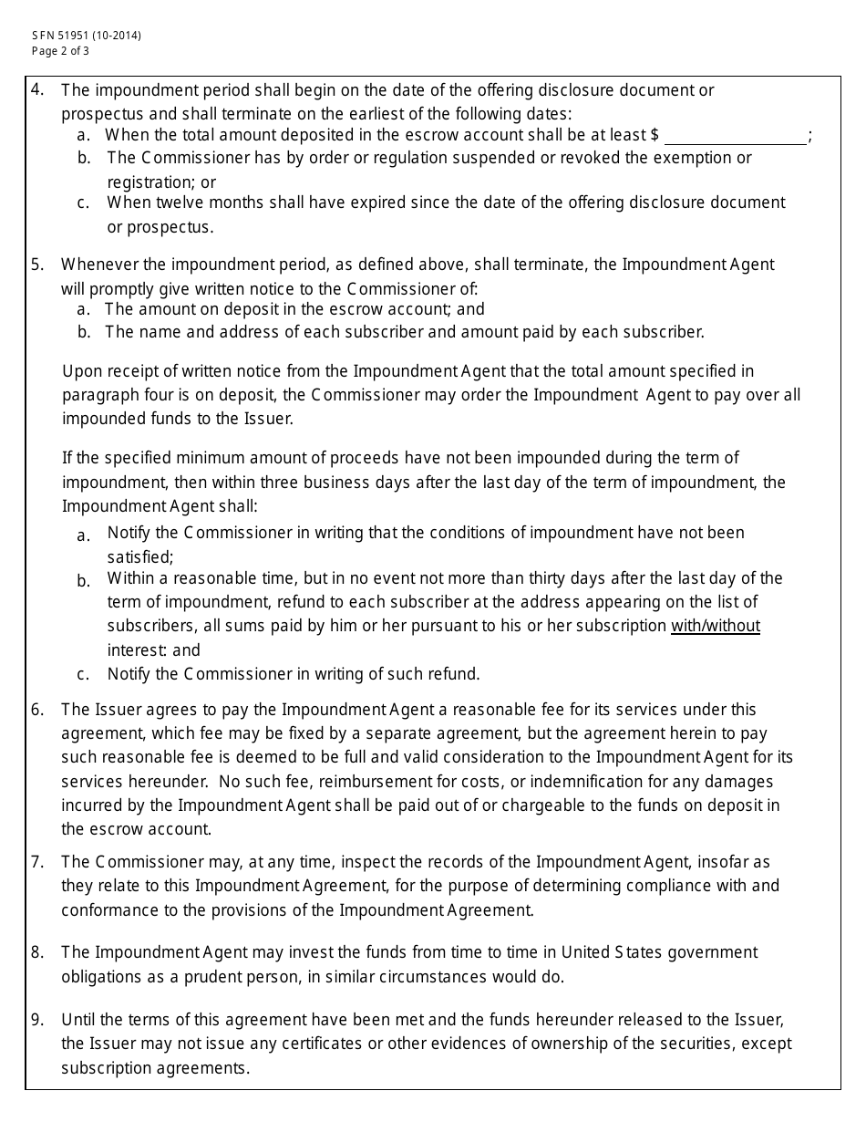 Form SFN51951 (S-9) Impoundment Agreement - North Dakota, Page 2