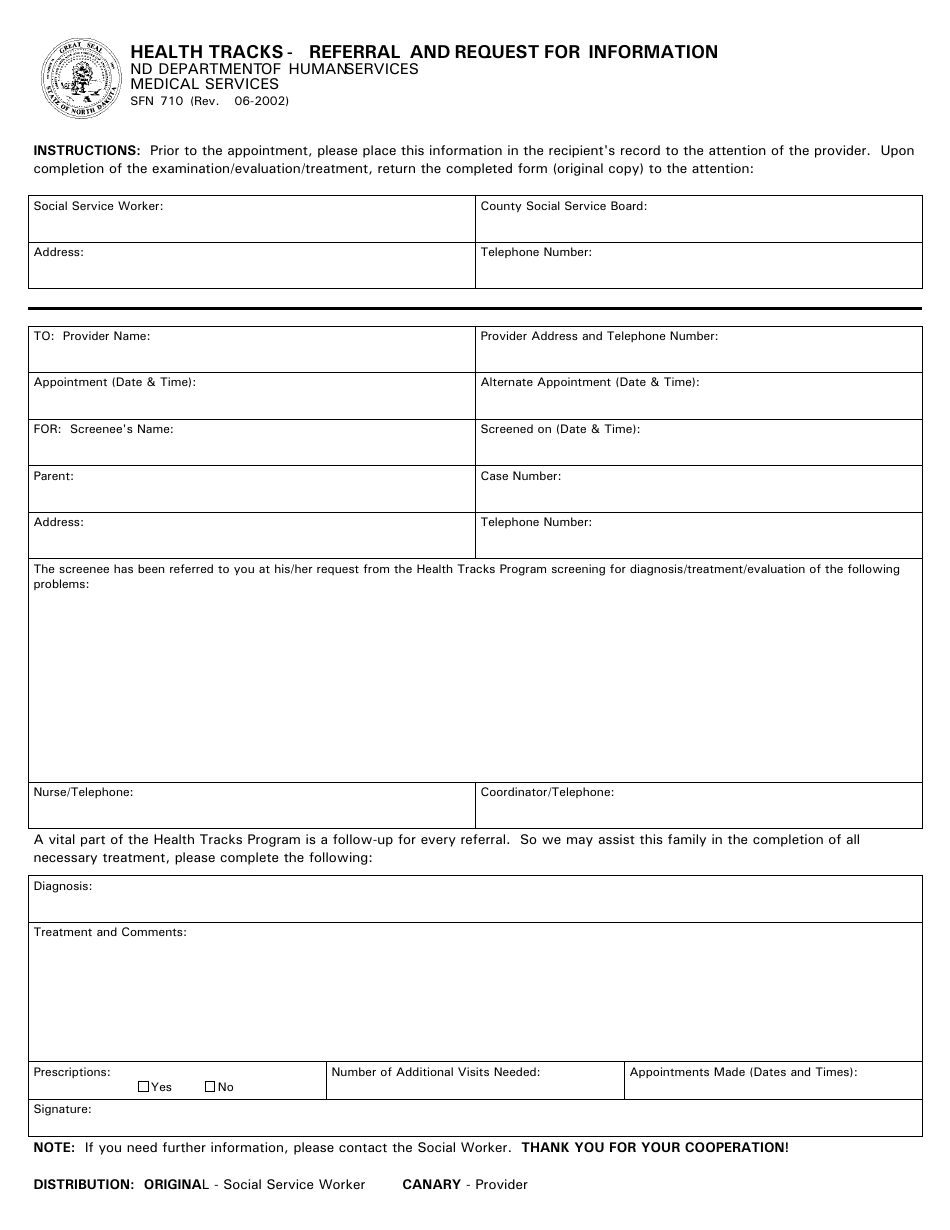 Form SFN710 Health Tracks - Referral and Request for Information - North Dakota, Page 1