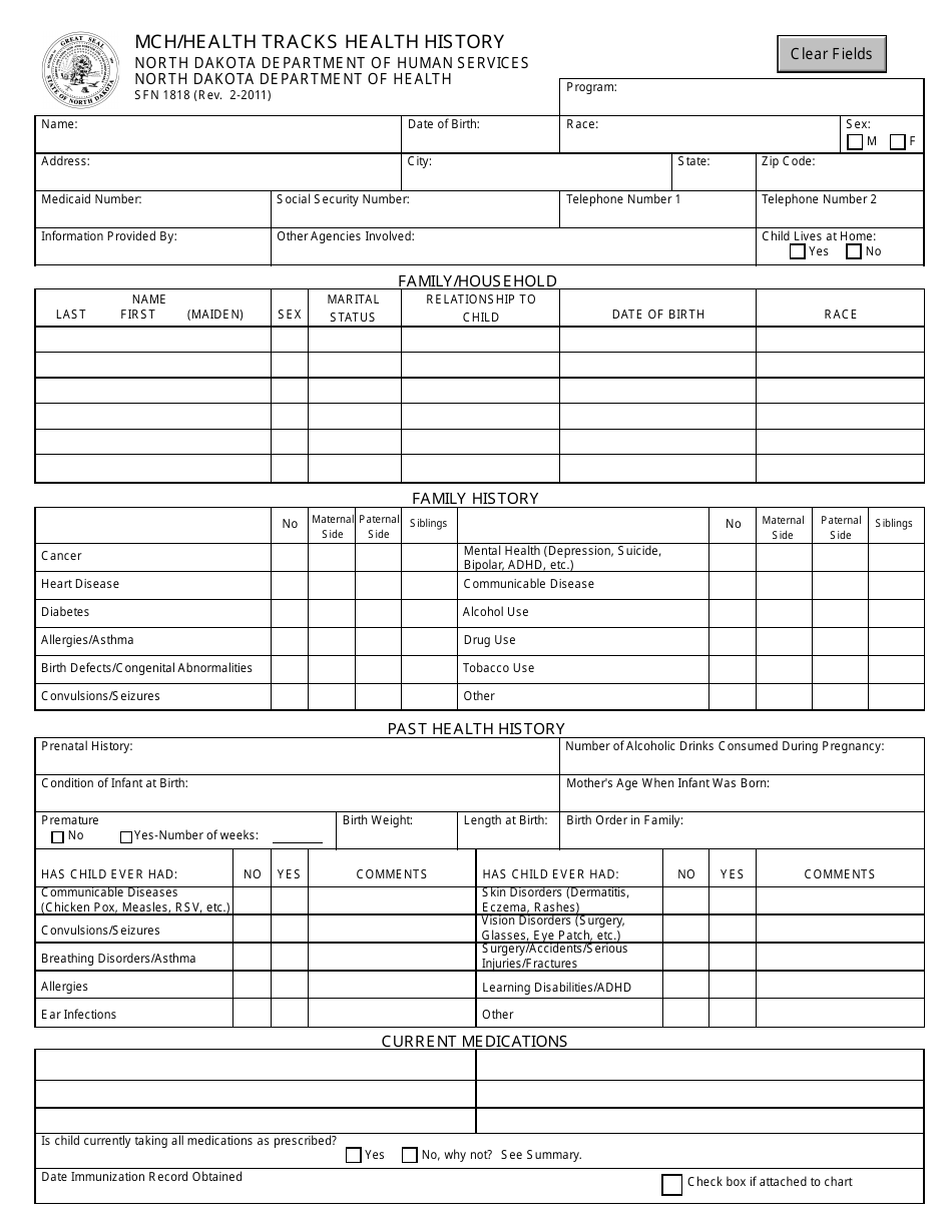 Form SFN1818 Mch / Health Tracks Health History - North Dakota, Page 1