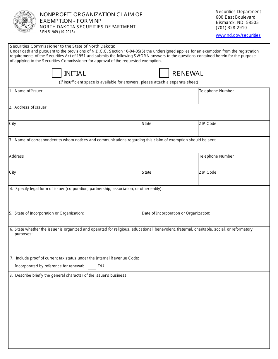Form SFN51969 (NP) Nonprofit Organization Claim of Exemption - North Dakota, Page 1