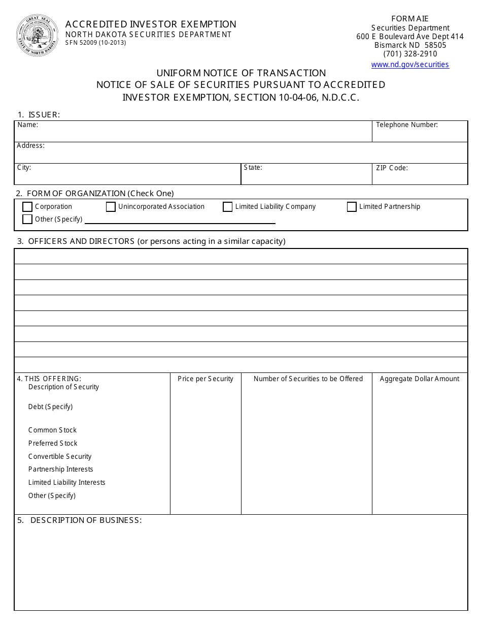 Form SFN52009 Accredited Investor Exemption - North Dakota, Page 1