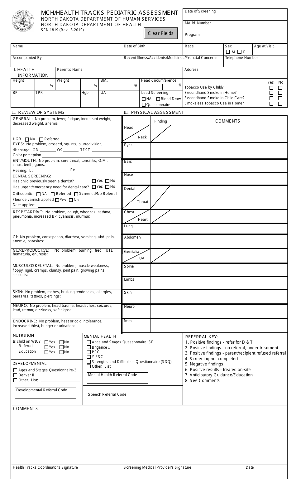 Form SFN1819 Mch / Health Tracks Pediatric Assessment - North Dakota, Page 1