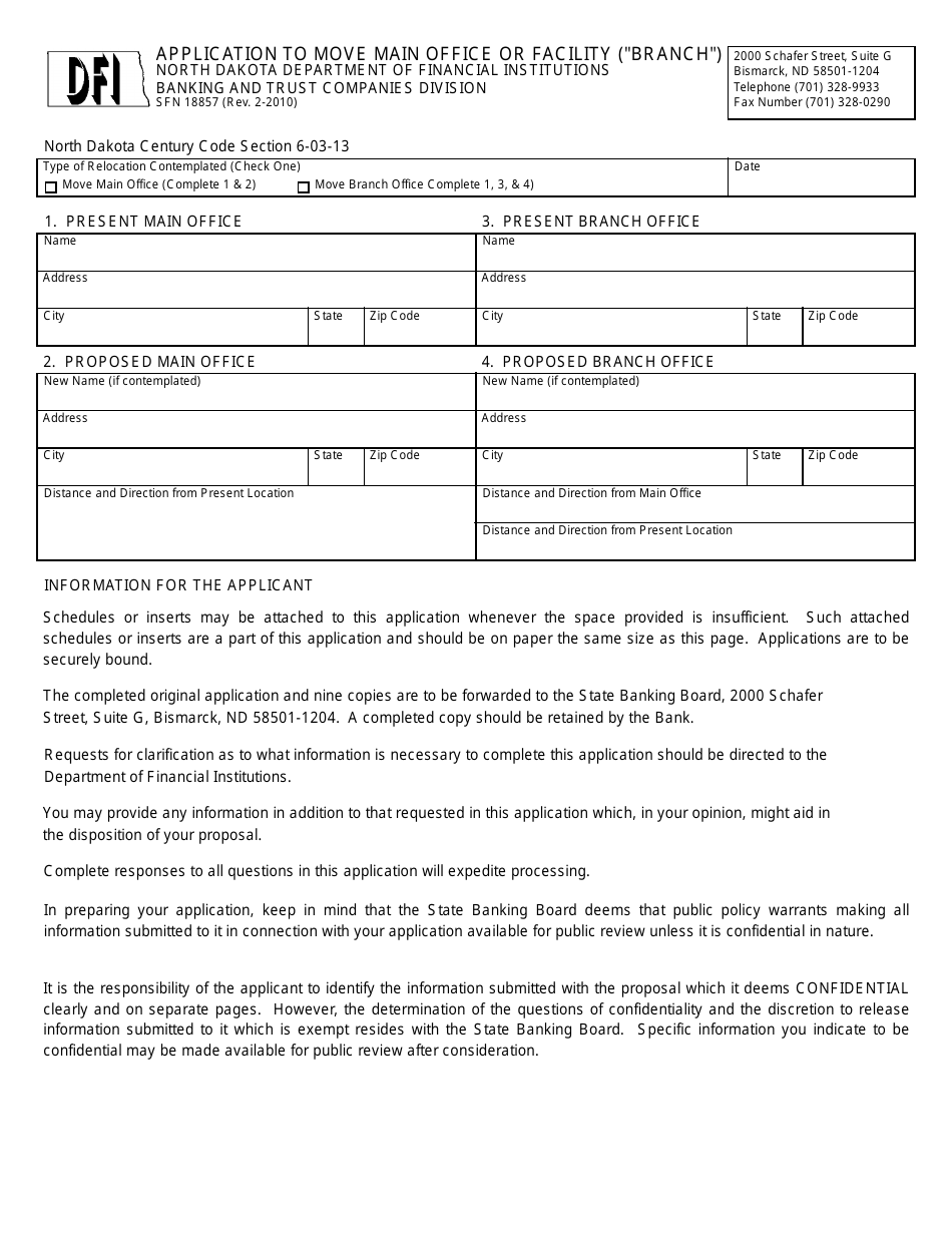 Form SFN18857 Application to Move Main Office or Facility (branch) - North Dakota, Page 1
