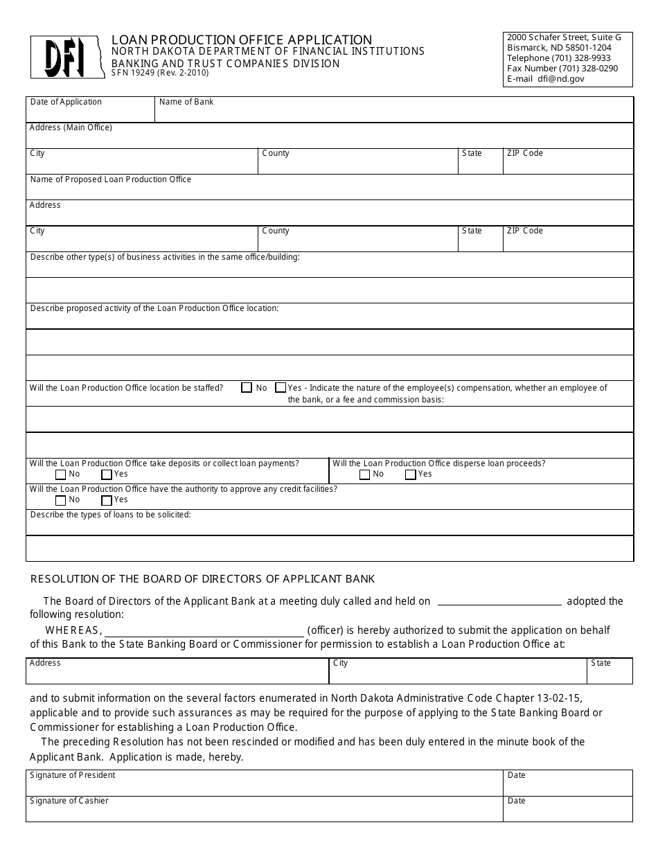 Form SFN19249 Loan Production Office Application - North Dakota, Page 1