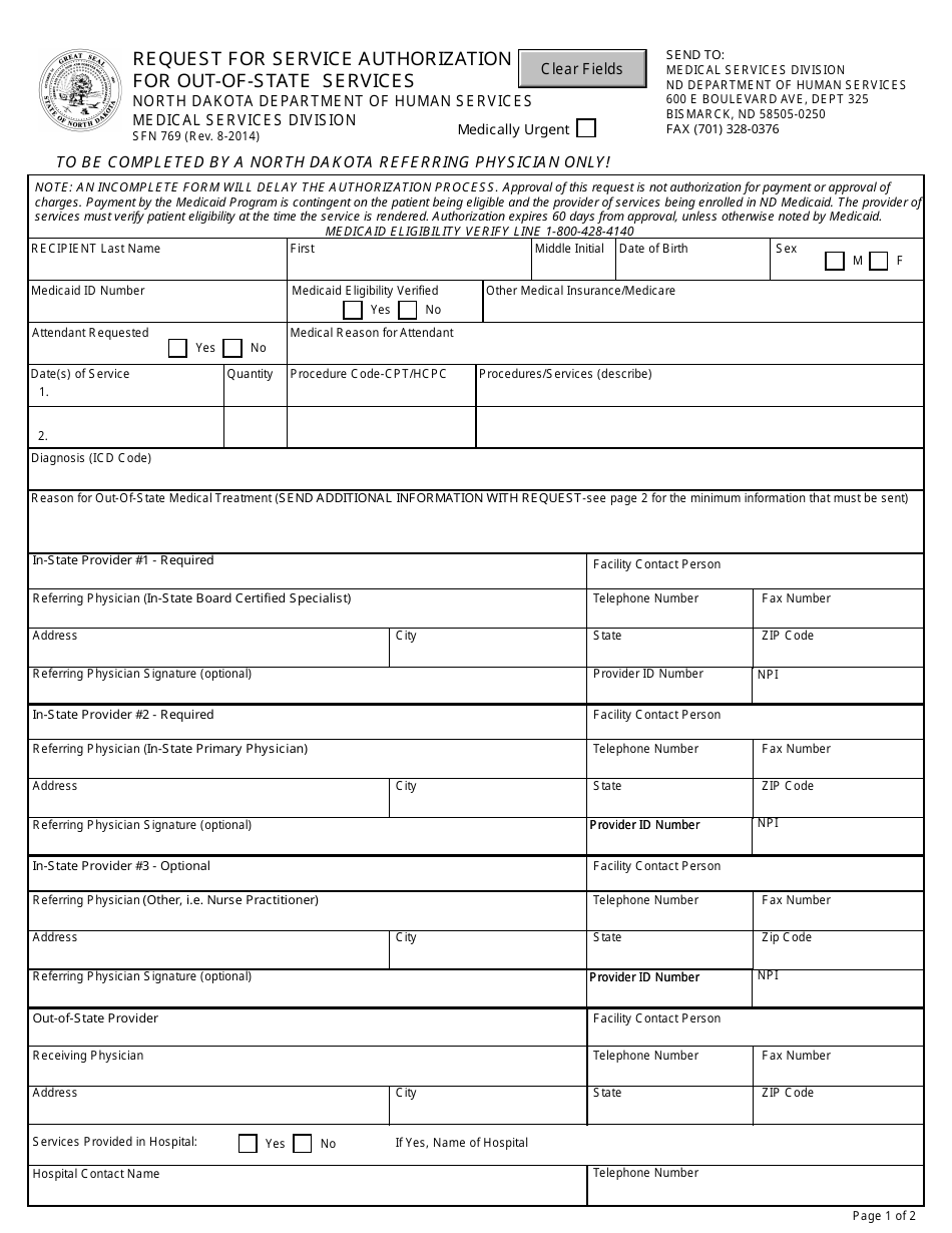Form SFN769 Request for Service Authorization for Out-of-State Services - North Dakota, Page 1