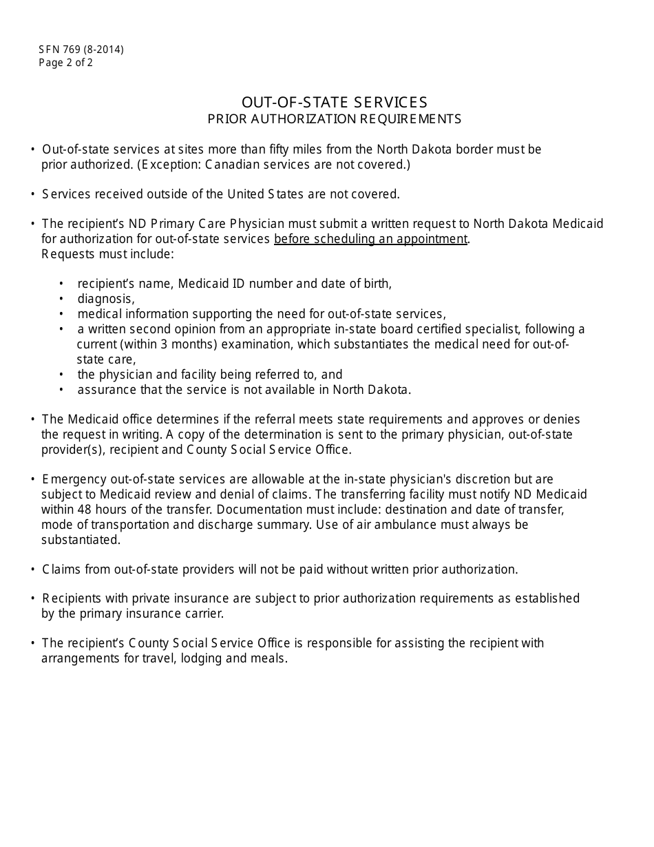 Form SFN769 Request for Service Authorization for Out-of-State Services - North Dakota, Page 2