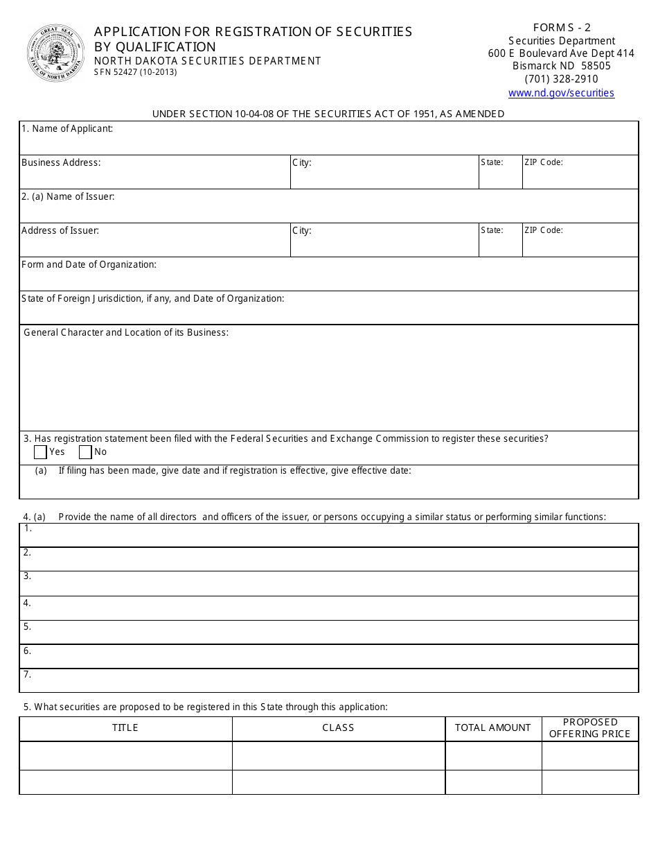 Form SFN52427 Application for Registration of Securities by Qualification - North Dakota, Page 1