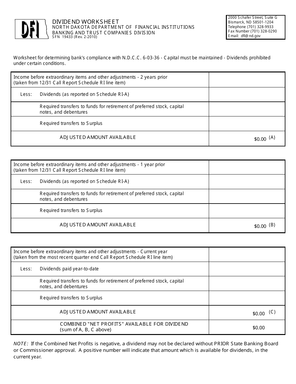 Form SFN19433 Dividend Worksheet - North Dakota, Page 1