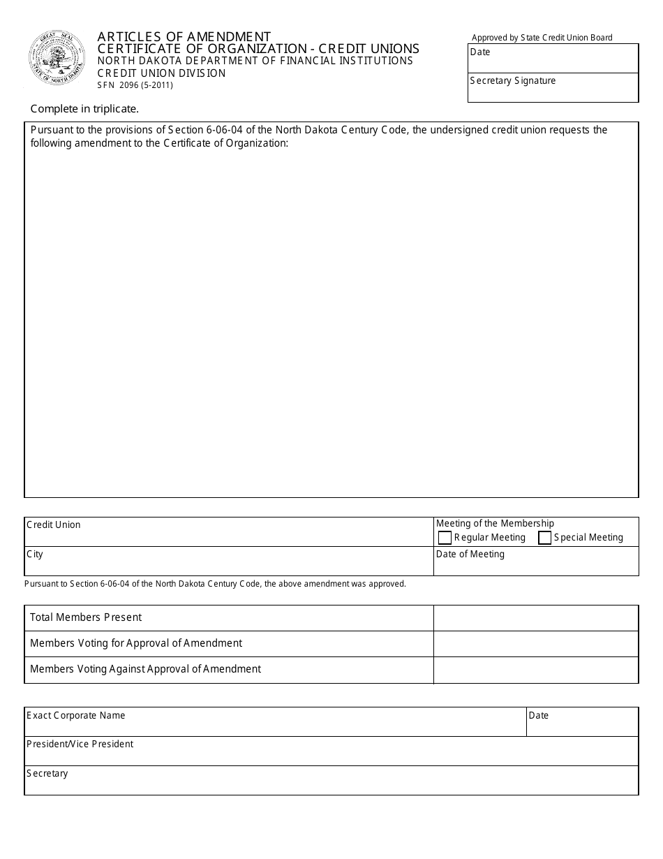 Form SFN2096 Articles of Amendment Certificate of Organization - Credit Unions - North Dakota, Page 1