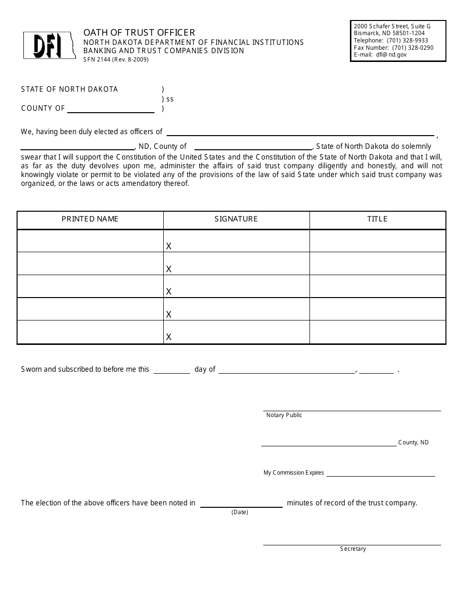 Form SFN2144 Oath of Trust Officer - North Dakota, Page 1