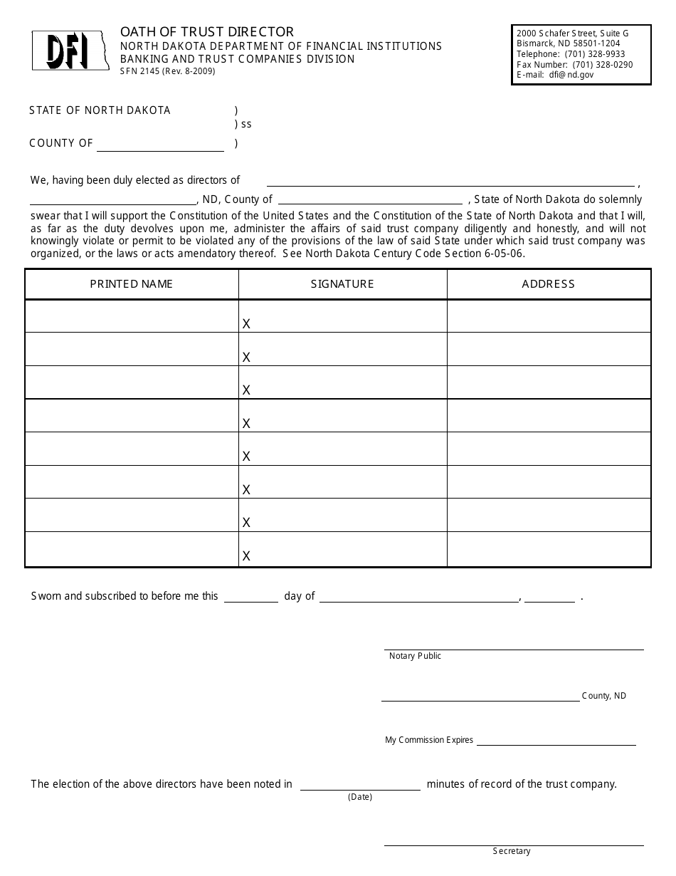 Form SFN2145 Oath of Trust Director - North Dakota, Page 1