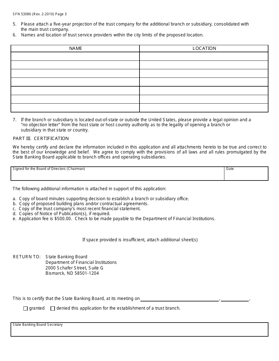 Form SFN53086 Application to Establish a Branch or Operating Subsidiary - North Dakota, Page 3