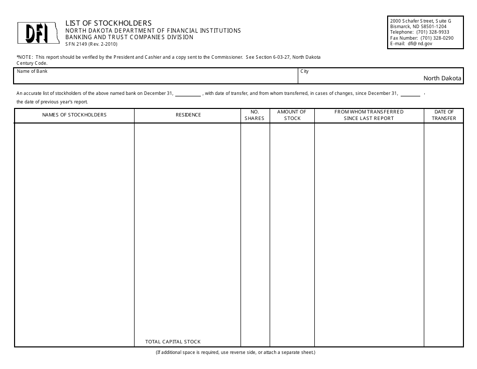 Form SFN2149 List of Stockholders - North Dakota, Page 1