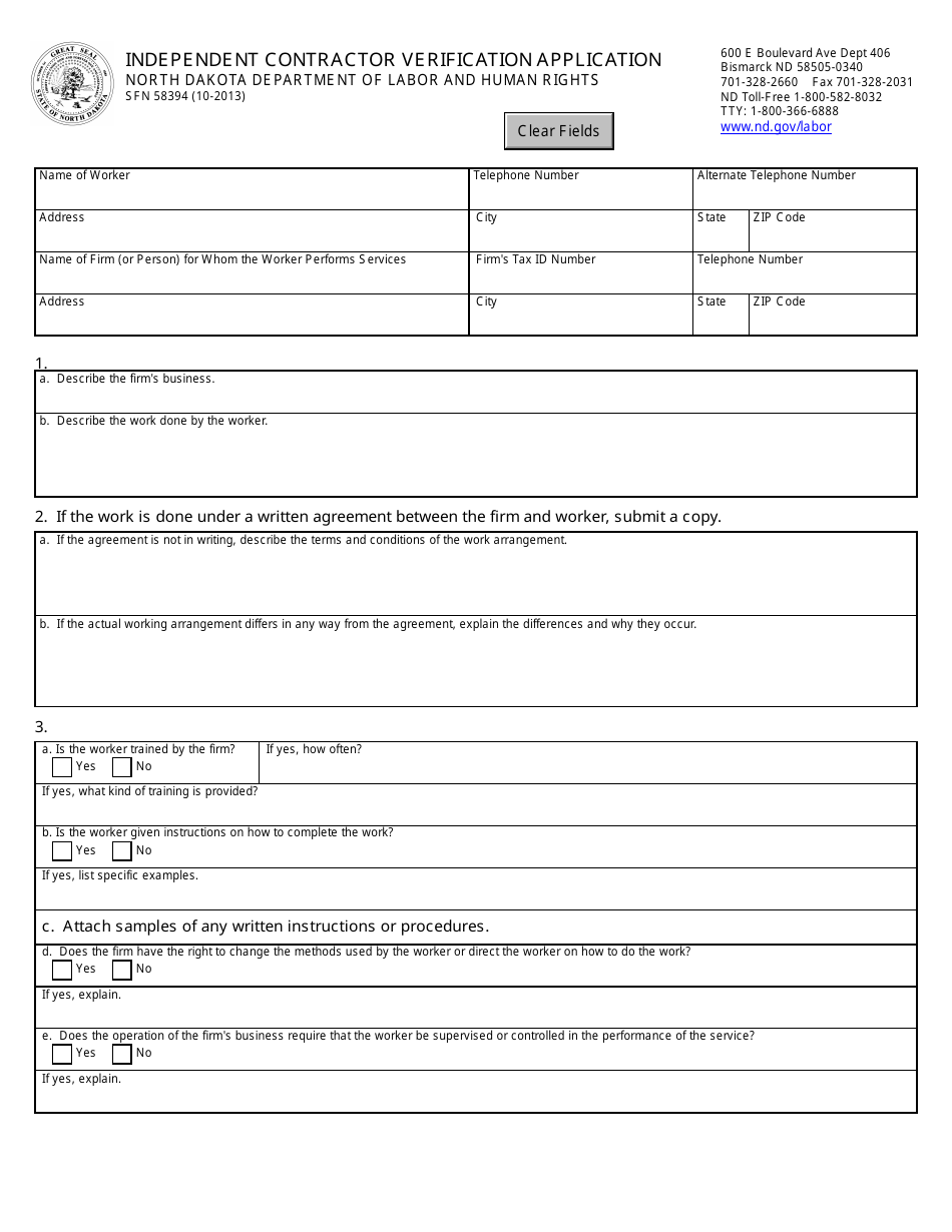 Form SFN58394 Independent Contractor Verification Application - North Dakota, Page 1