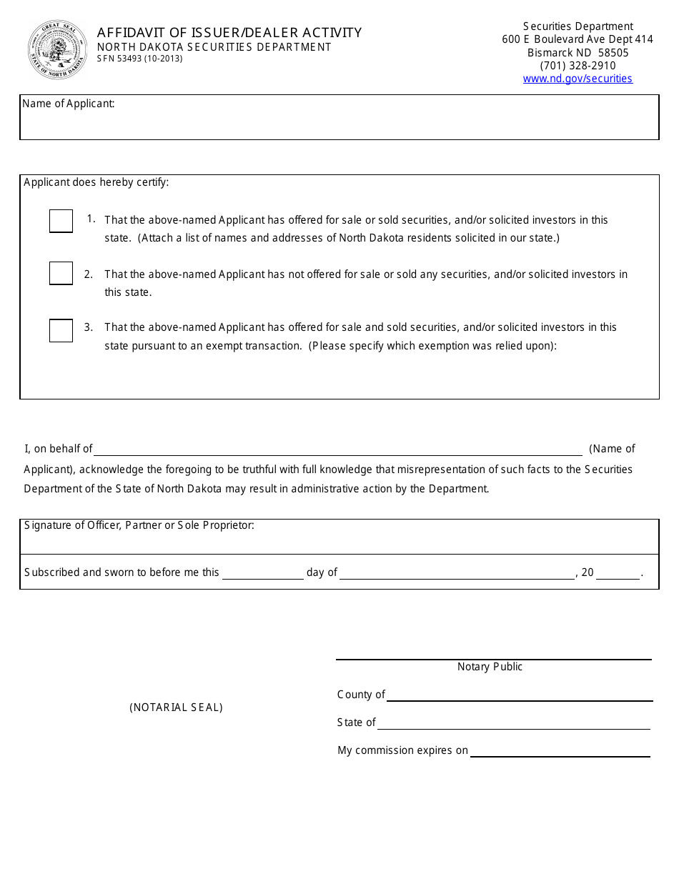 Form SFN53493 Affidavit of Issuer / Dealer Activity - North Dakota, Page 1