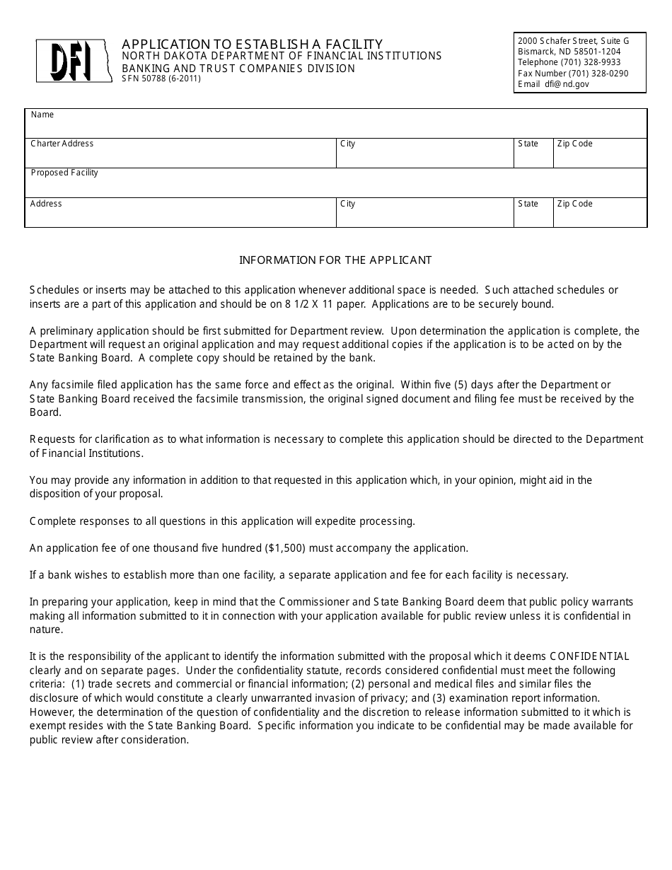Form SFN50788 Application to Establish a Facility - North Dakota, Page 1