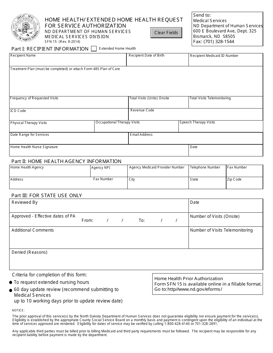 Form SFN15 Home Health / Extended Home Health Request for Service Authorization - North Dakota, Page 1