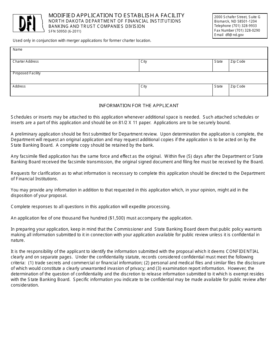 Form SFN50950 Modified Application to Establish a Facility - North Dakota, Page 1