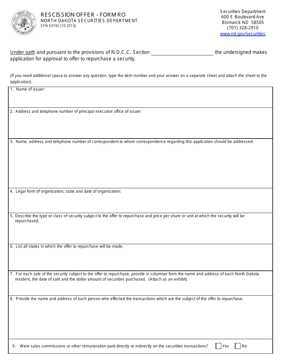Form SFN53742 (RO) Rescission Offer - North Dakota, Page 1