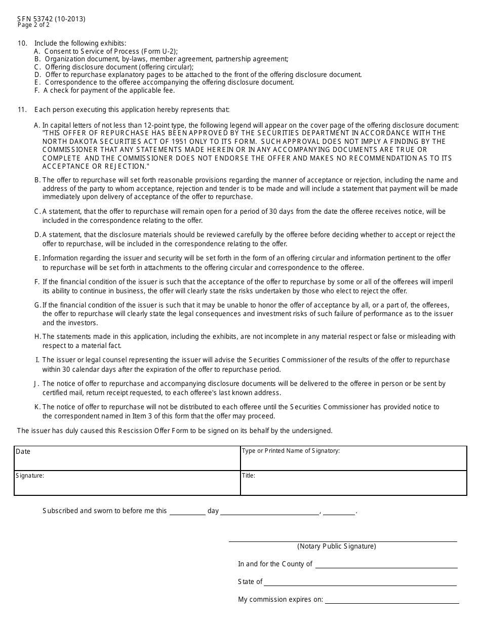 Form SFN53742 (RO) Rescission Offer - North Dakota, Page 2