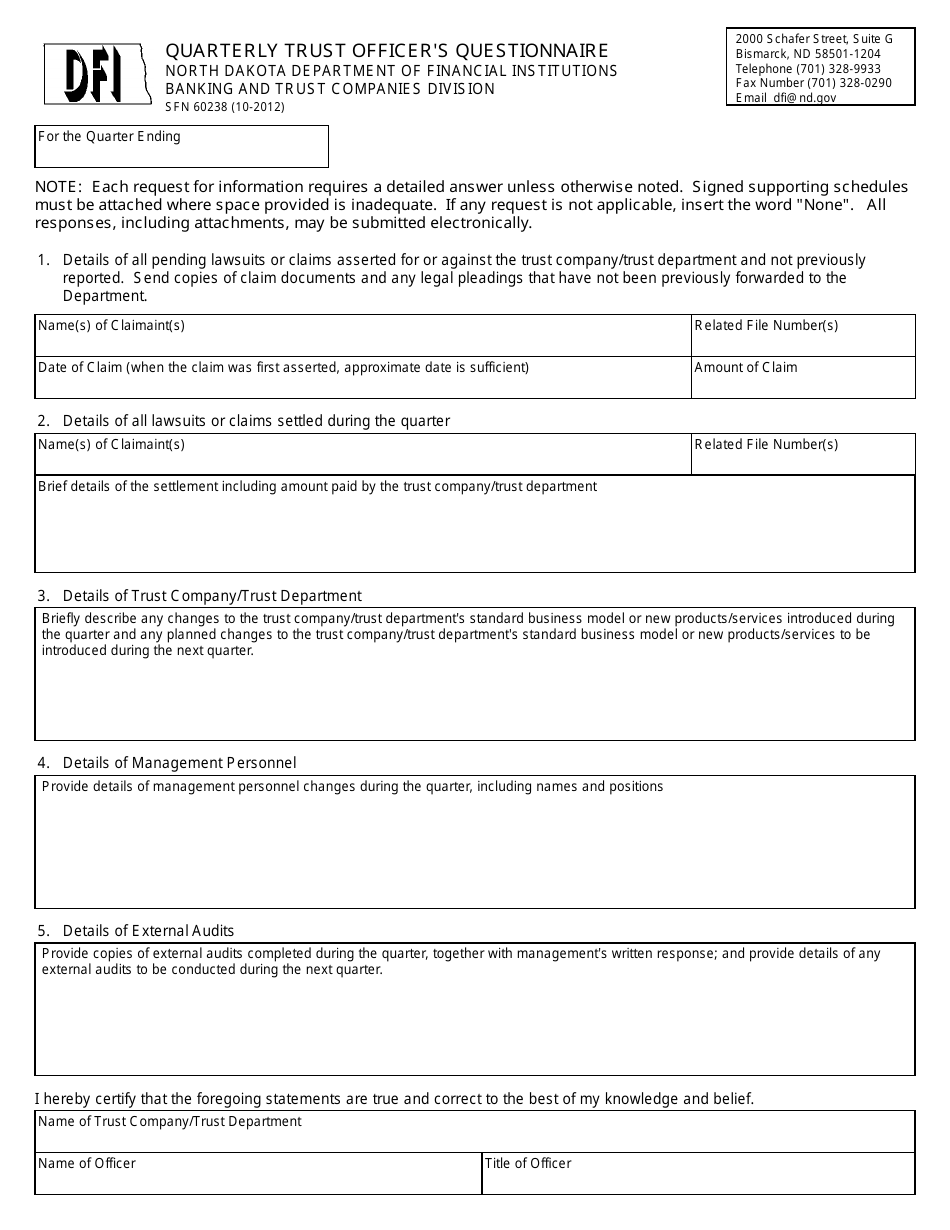 Form SFN60238 Quarterly Trust Officers Questionnaire - North Dakota, Page 1