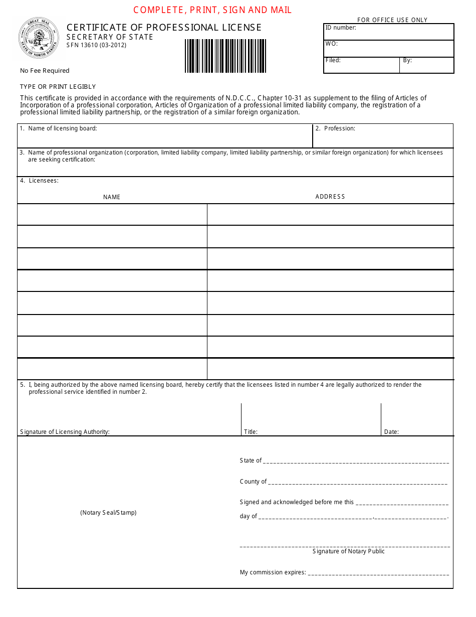 Form SFN13610 Certificate of Professional License - North Dakota, Page 1