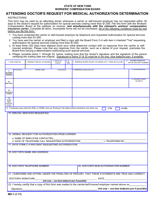 Form MD-1 Attending Doctor's Request for Medical Authorization Determination - New York