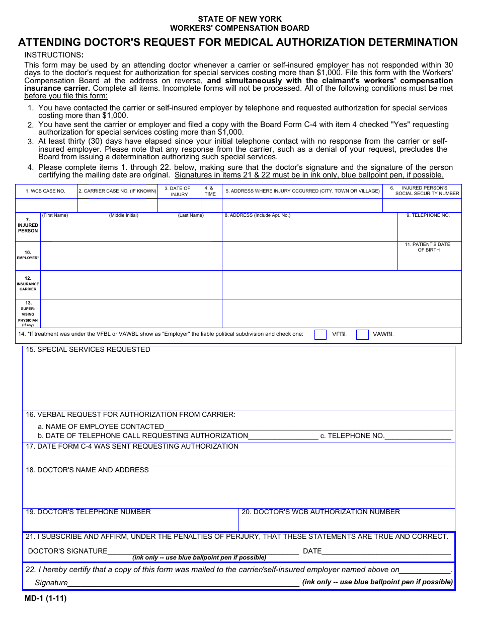 Form MD-1 Attending Doctor's Request for Medical Authorization Determination - New York, Page 1