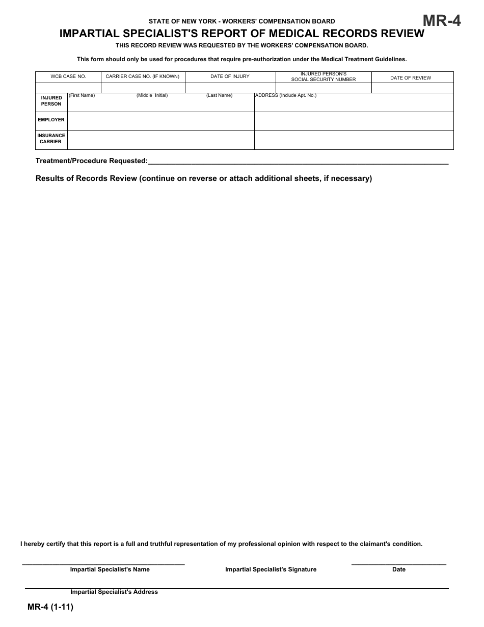 Form MR-4 Impartial Specialists Report of Medical Records Review - New York, Page 1