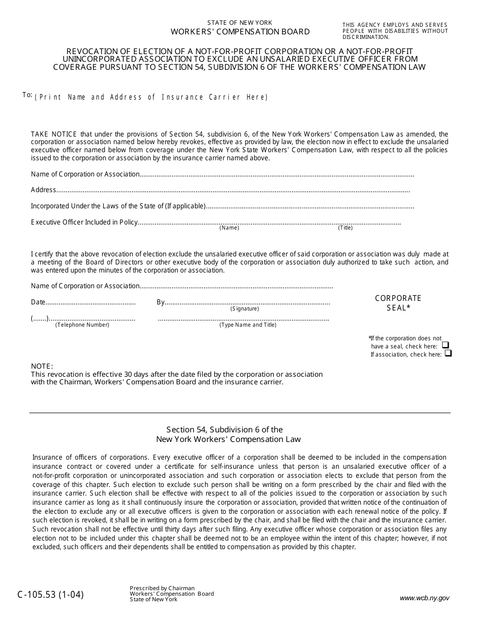 Form C-105.53 Revocation of Election of a Not-For-Profit Corporation or Unincorporated Association to Exclude an Unsalaried Executive Officer From Coverage - New York, Page 1