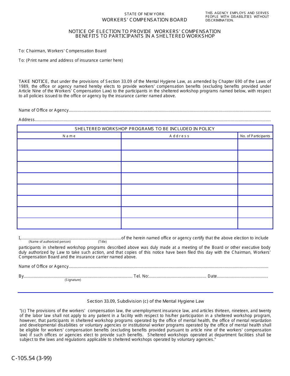Form C-105.54 Notice of Election to Provide Workers Compensation Benefits to Participants in a Sheltered Workshop - New York, Page 1