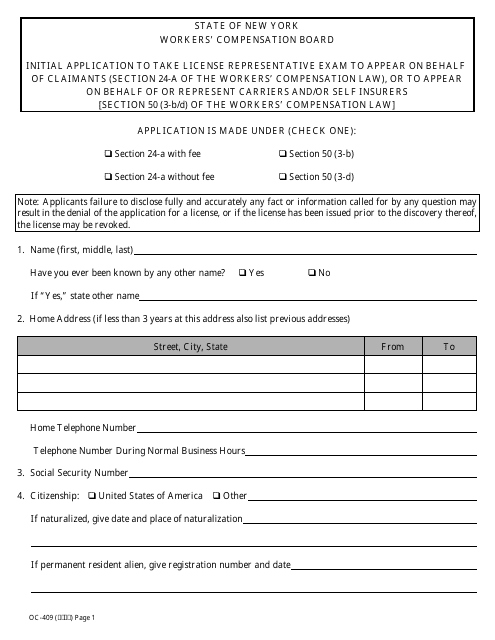 Form OC-409 Initial Application to Take License Representative Exam - New York