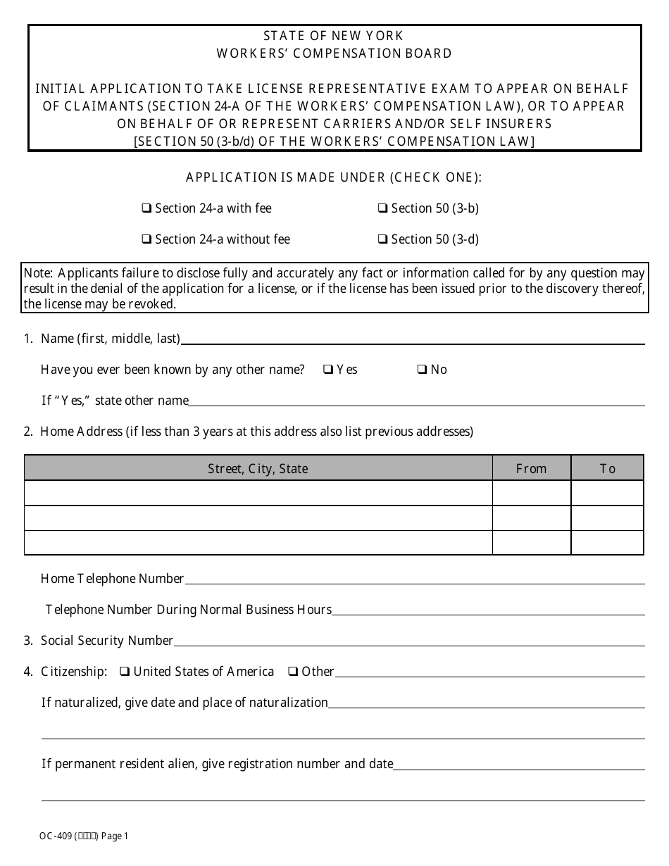 Form OC-409 Initial Application to Take License Representative Exam - New York, Page 1