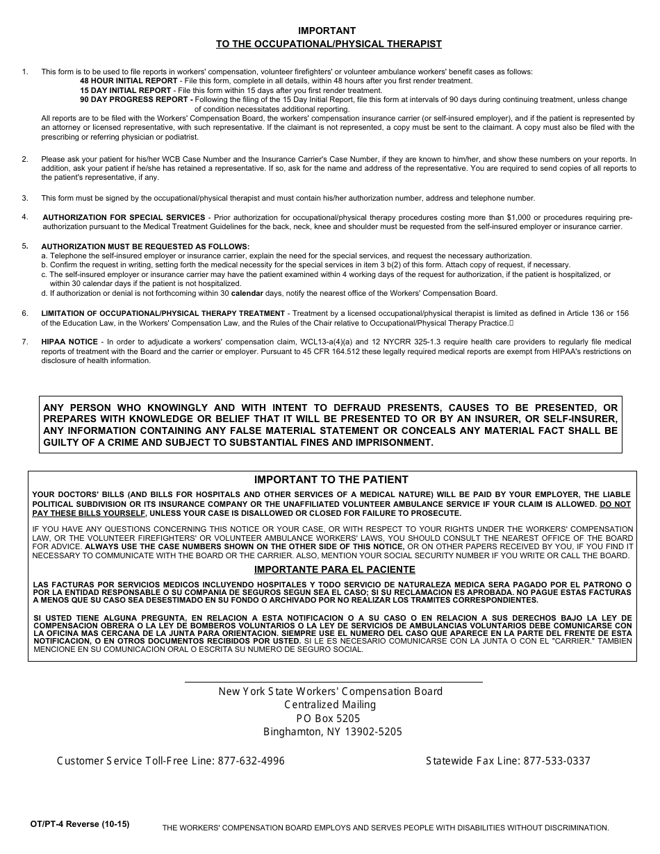 Form OT / PT-4 Occupational / Physical Therapists Report - New York, Page 2