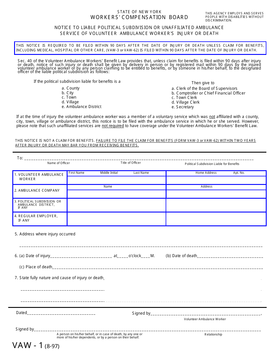 Form VAW-1 Notice to Liable Political Subdivision of Volunteer Ambulance Workers Injury or Death - New York, Page 1