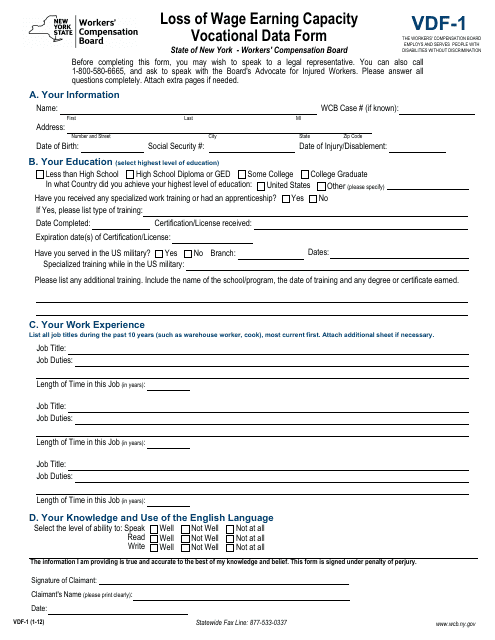 Form VDF-1 Loss of Wage Earning Capacity Vocational Data Form - New York