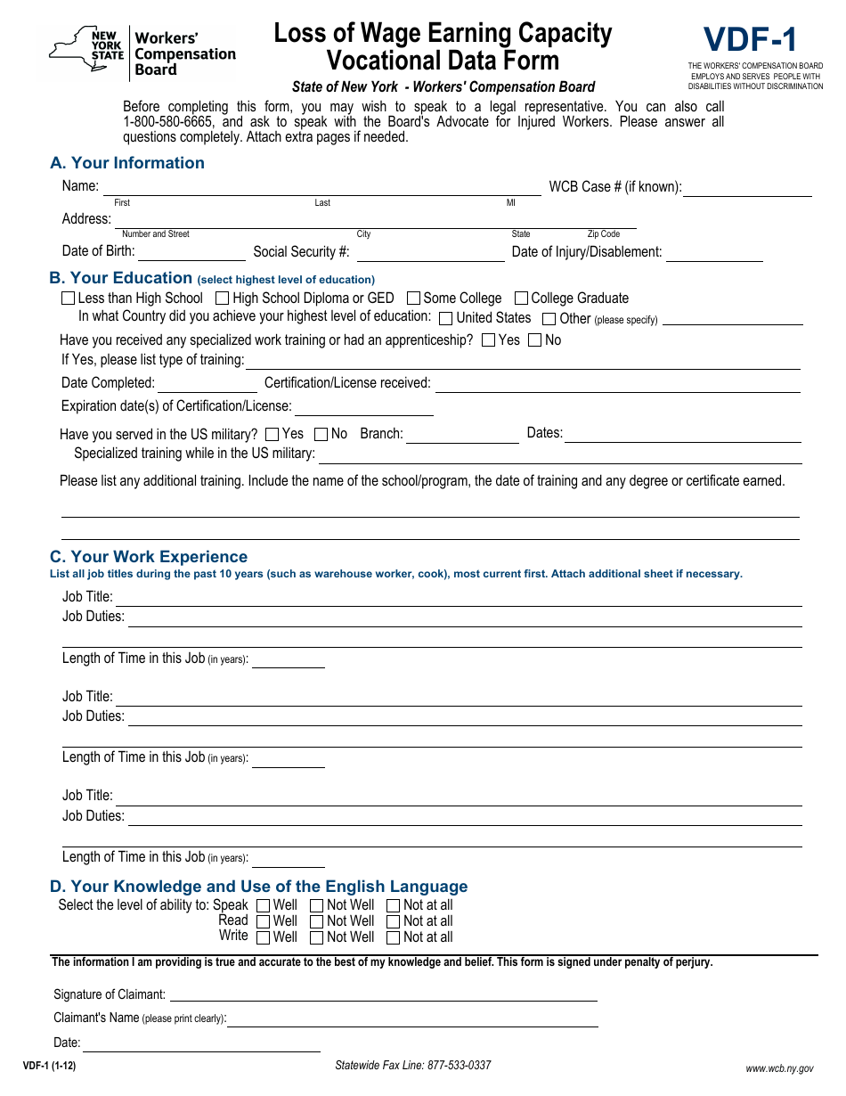 Form VDF-1 Loss of Wage Earning Capacity Vocational Data Form - New York, Page 1