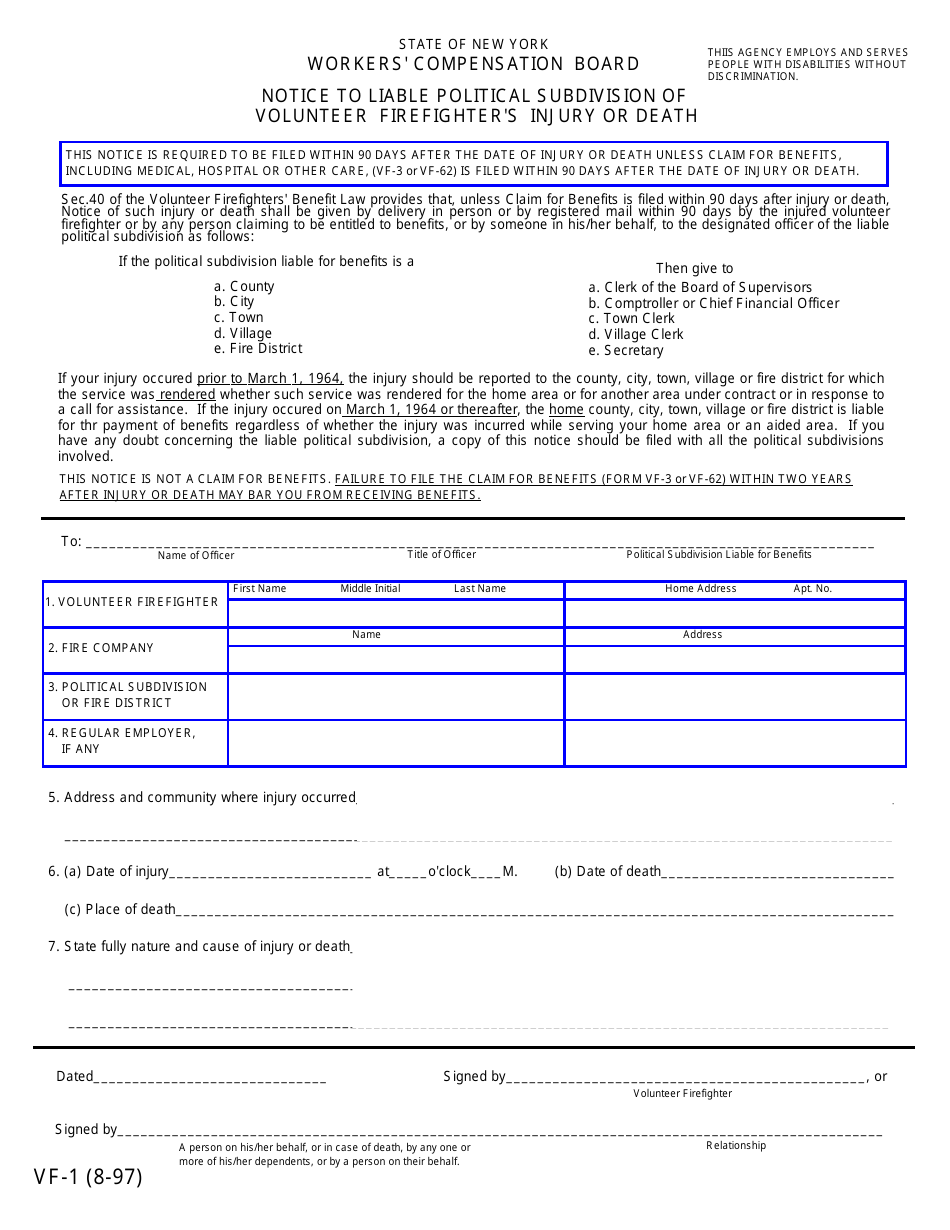 Form VF-1 Notice to Liable Political Subdivision of Volunteer Firefighters Injury or Death - New York, Page 1