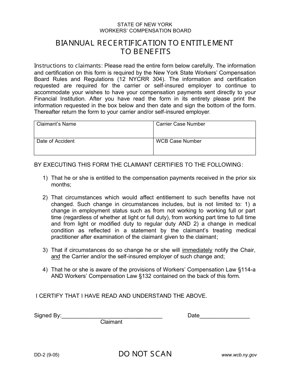 Form DD-2 Biannual Recertification to Entitlement to Benefits - New York, Page 1