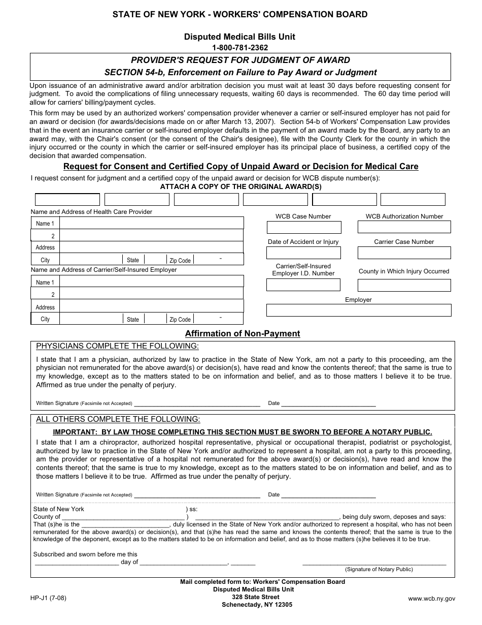 Form Hp J1 Download Fillable Pdf Or Fill Online Provider S Request For Judgment Of Award Section 54 B Enforcement On Failure To Pay Award Or Judgment New York Templateroller
