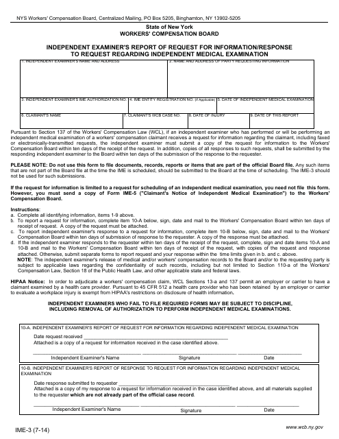 Form IME-3 Independent Examiner's Report of Request for Information/Response to Request Regarding Independent Medical Examination - New York