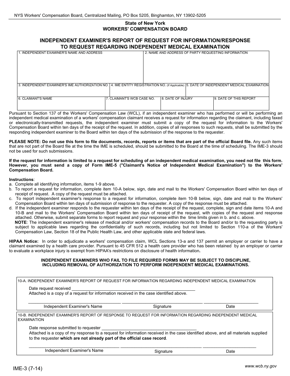 Form IME-3 Independent Examiners Report of Request for Information / Response to Request Regarding Independent Medical Examination - New York, Page 1