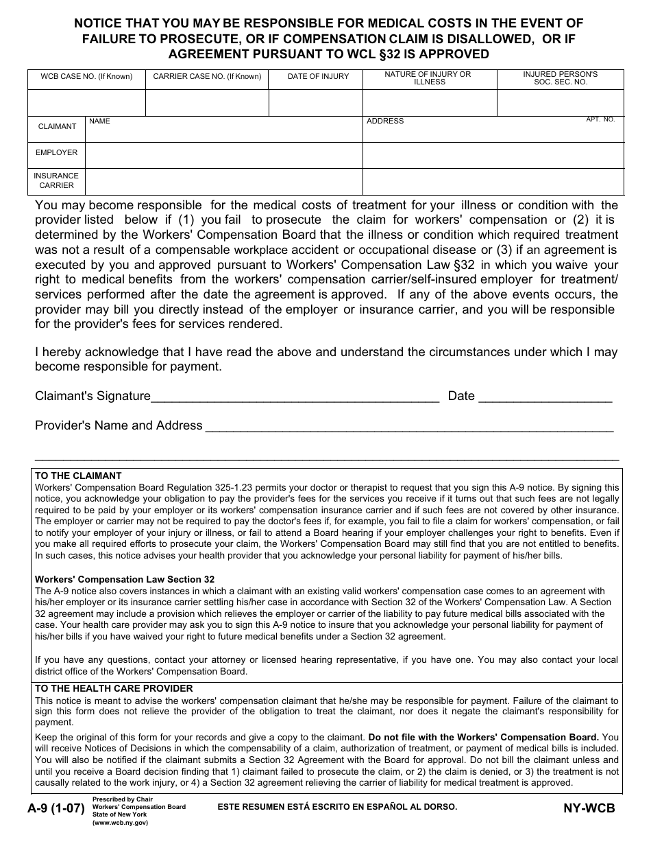 Form A-9 Notice That You May Be Responsible for Medical Costs in the Event of Failure to Prosecute, or if Compensation Claim Is Disallowed, or if Agreement Pursuant to Wcl 32 Is Approved - New York (English / Spanish), Page 1