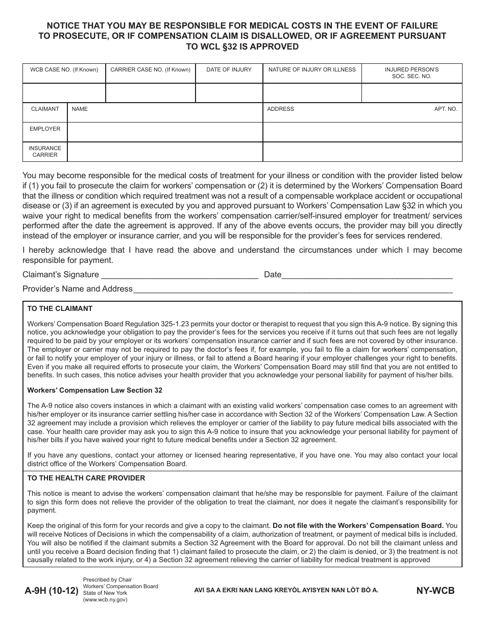 Form A-9H Notice That You May Be Responsible for Medical Costs in the Event of Failure to Prosecute, or if Compensation Claim Is Disallowed, or if Agreement Pursuant to Wcl 32 Is Approved - New York (English / Haitian Creole), Page 1