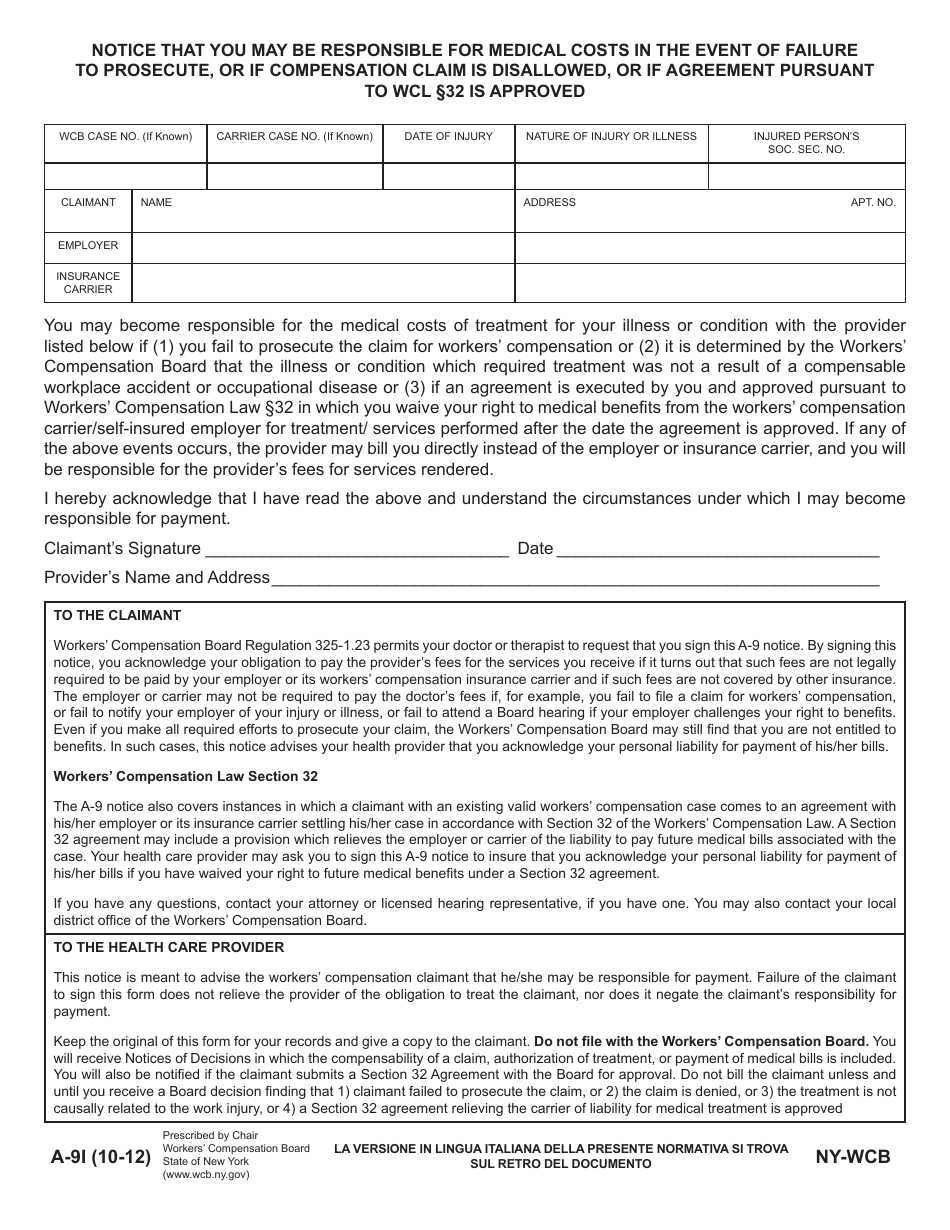 Form A-9I Notice That You May Be Responsible for Medical Costs in the Event of Failure to Prosecute, or if Compensation Claim Is Disallowed, or if Agreement Pursuant to Wcl 32 Is Approved - New York (English / Italian), Page 1