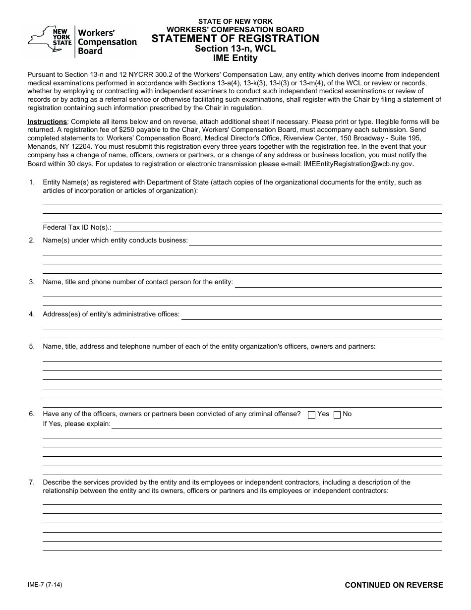 Form IME-7 Statement of Registration - New York, Page 1