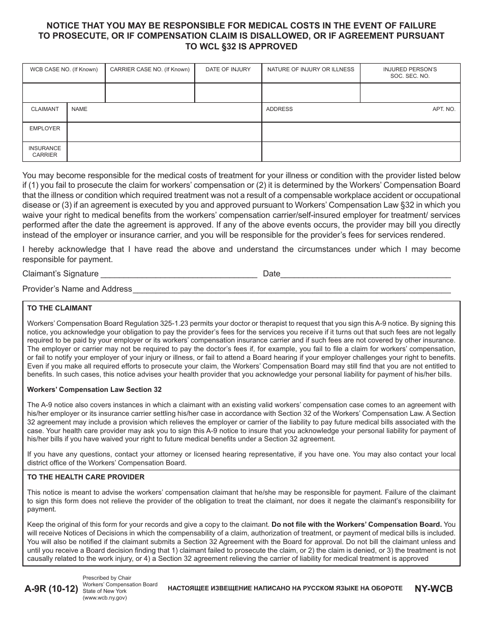 Form A-9R Notice That You May Be Responsible for Medical Costs in the Event of Failure to Prosecute, or if Compensation Claim Is Disallowed, or if Agreement Pursuant to Wcl 32 Is Approved - New York (English / Russian), Page 1