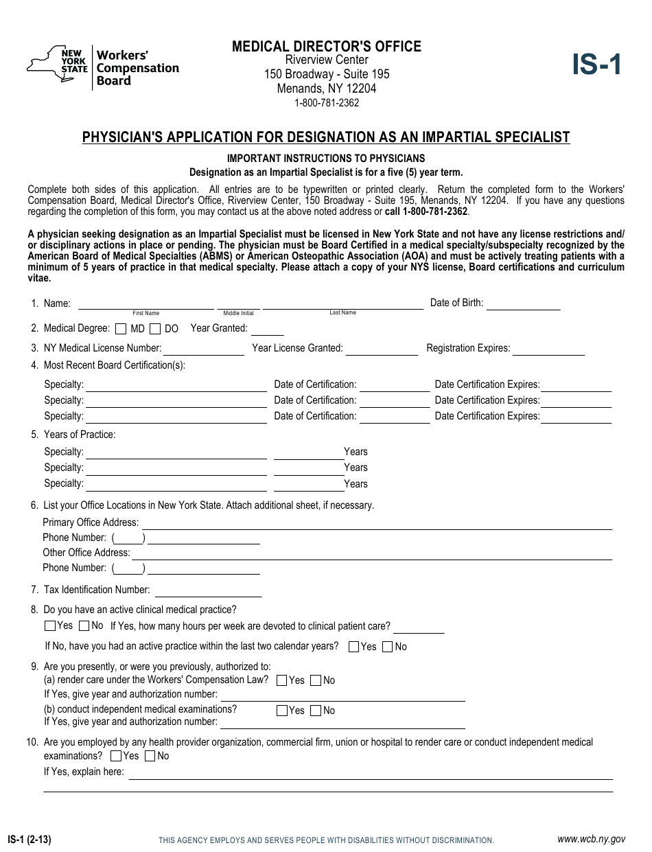 Form IS-1 Download Fillable PDF or Fill Online Physician's Application ...